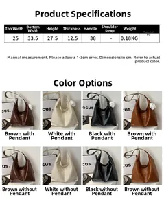 Detailed size chart and multi-color options for the large capacity PU tote shoulder bag