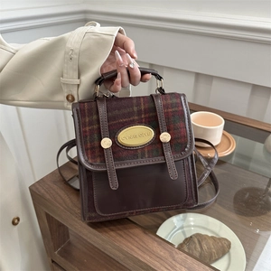 Women Mini Backpack Vintage British Style PU Leather Plaid Patchwork Small Shoulder Handheld Crossbody Bag