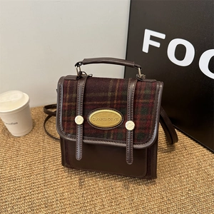 Vintage color-block mini backpack in dark brown PU leather with plaid fabric flap