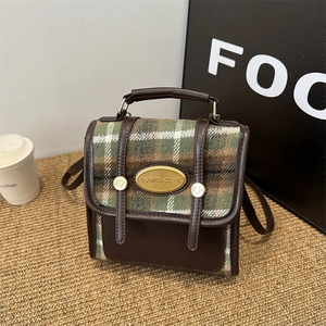 Retro contrast color mini plaid backpack with leather handles and gold metal logo