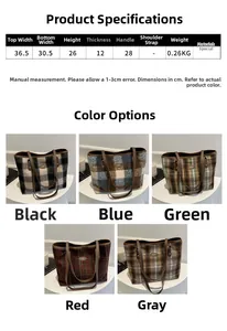 Detailed comparison of plaid tote bags in black blue green red and grey textured wool