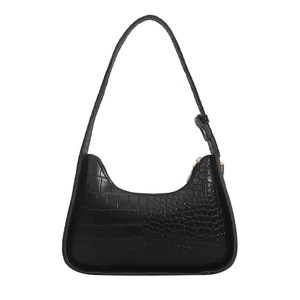 Glossy black crocodile pattern underarm bag with semi-circle shape and gold hardware