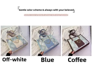 Détail de sacs fourre-tout matelassés en blanc, bleu et marron avec chaînes fleurs en métal