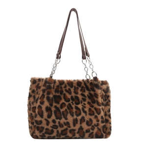 Stylish faux fur leopard print tote bag with brown straps and silver metal chain