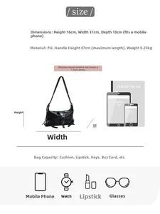 Detailed size specifications for the black PU leather shoulder bag and daily capacity info