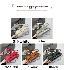 Detailed collage of a chic baguette bag with metal chain in five trendy color options
