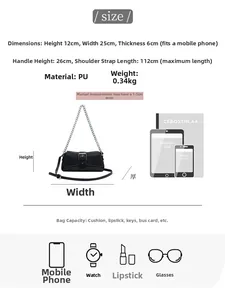 Size chart showing 25cm width black PU shoulder bag with chain strap and phone capacity