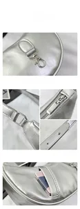 Detailed views of silver crescent bag with metallic crinkle texture, zipper, and back pocket