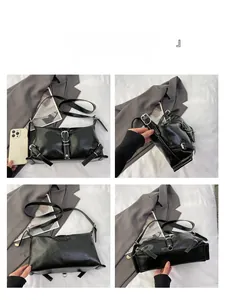 Four-angle view of a black shoulder bag with silver buckles and a glossy wrinkled finish