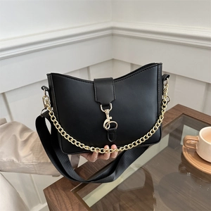 Fashion Women PU Leather Crossbody Bag With Gold Chain And Wide Fabric Strap Versatile Shoulder Bucket Bag Daily Lady