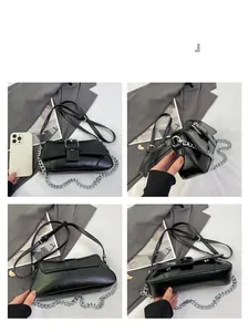 Detailed views of a black synthetic leather baguette bag showing dimensions and hardware