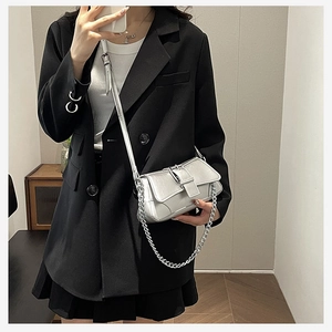 Silver metallic crossbody bag with chain strap shown on a model for scale and style