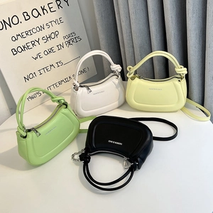 Women PU Leather Crescent Underarm Bag Knot Handle Metal Chain Crossbody Small Square Bag Trendy Casual Streetwear