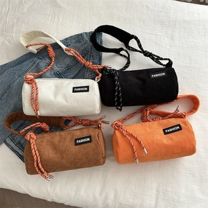 Corduroy Cylindrical Crossbody Bag Women Retro Barrel Shoulder Bag With Braided Rope Strap Casual Solid Color