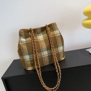 Plaid woolen bucket bag with dual metal chain straps in a vintage crossbody style
