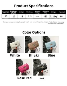 Detailed size chart and five color options for the quilted crossbody chain bag