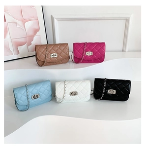 Detailed view of quilted chain bags in five colors with sparkling metal turn-lock closures