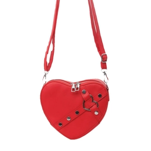 Red heart-shaped crossbody bag with silver rivets and heart buckle on white background