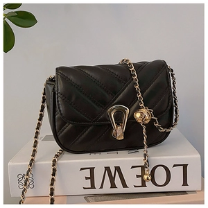 Close-up of black quilted leather bag featuring a gold U-shaped buckle and chain strap