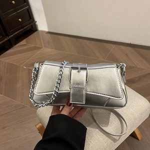 Women Retro Crinkle PU Leather Crossbody Bag With Silver Chain Large Metal Buckle Niche Design Shoulder Underarm Handbag