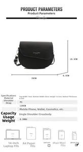 Tableau des tailles du sac besace noir en cuir PU avec dimensions et détails de capacité