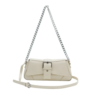 Off-white crossbody bag with silver chain and wide buckle strap on white background