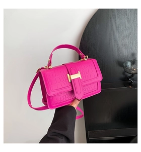Close-up of fuchsia crocodile pattern leather bag with a golden H-shaped clasp