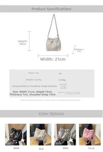 Detailed size specifications and color options for the bow chain bucket shoulder bag