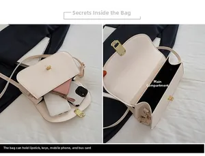 Détails du compartiment de la sacoche beige montrant l'espace pour le maquillage