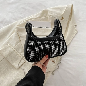 Sac Hobo Croissant Strass Femmes Cuir PU Chic Brillant Bandoulière Chaîne Mode Tendance Sac À Main Soirée