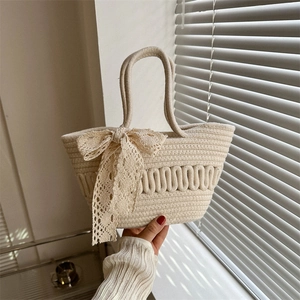 Webhandtasche Damen Baumwollseil Stroh Eimertasche Mit Spitzenbogen Wellentextur Sommer Strand Urlaub Elegante Tote