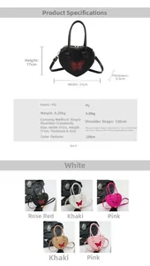 Detailed size chart for heart-shaped PU bag with dimensions 21x17x8.5cm and color options