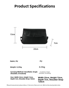Detail showing dimensions of black crocodile texture PU leather shoulder bag and size specs