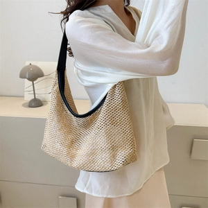 Minimalist straw woven hobo shoulder bag with black leather strap for summer style