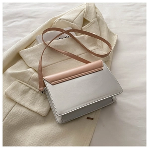Detail of color-block flap and metallic hardware on light pink and grey crossbody bag