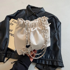 Women PU Leather Shoulder Bag With Bow Decoration Drawstring Pleated Bucket Bag Chain Strap Korean Fashion Crossbody