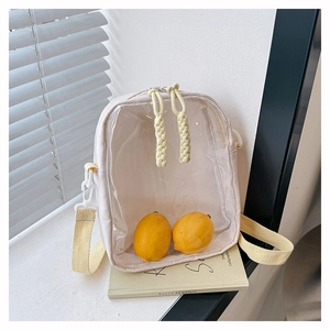 Detail of light beige crossbody bag with transparent PVC window and lemon inside