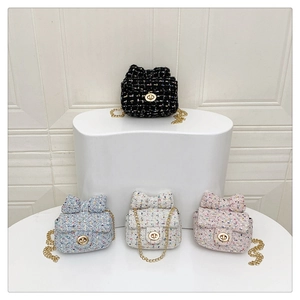 Girls tweed crossbody mini bag with bow decoration and gold chain strap in four colors