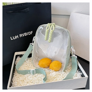 Close-up of mint green transparent PVC crossbody bag in a gift box with woven zippers