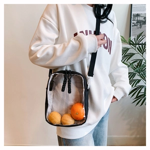 Detailed view of clear PVC crossbody bag with black nylon trim and dual zipper closure