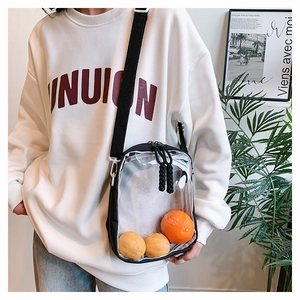 Detail view of transparent nylon crossbody bag showing spacious interior and black strap