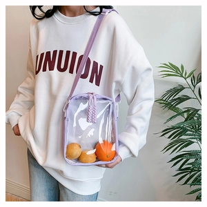 Detail of transparent PVC crossbody bag with purple woven trim and adjustable strap