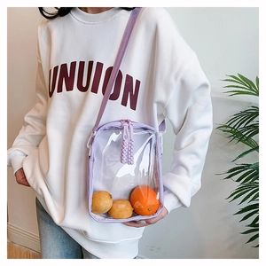 Detail of transparent PVC crossbody bag with purple straps and double zipper closure