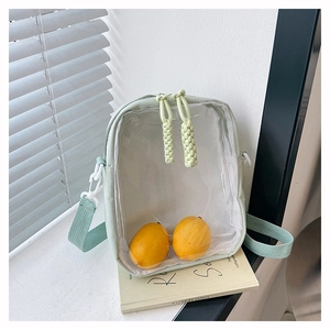 Detail of mint green crossbody bag with clear window and woven texture zippers