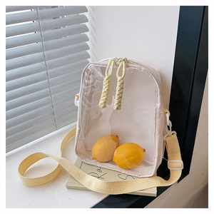 Close-up of cream nylon crossbody bag with clear PVC window and yellow strap details