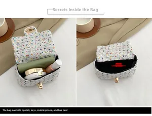 Detail view of colorful tweed crossbody bag showing inner storage for phone and lipstick