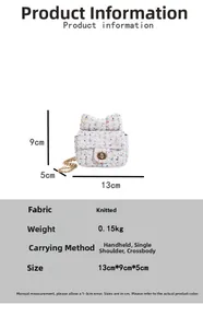 Detail of tweed mini crossbody bag showing dimensions 13x9x5cm and bow accent