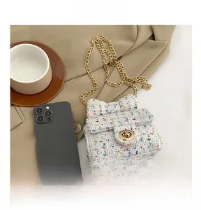 Detailed view of mini tweed crossbody bag with gold chain strap and metallic buckle
