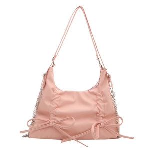 Pink pleated tote bag with bow details and chain strap for women casual fashion