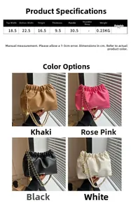 Tableau des tailles pour sac plissé avec dimensions et détails du matériau en cuir PU